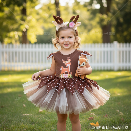 Christmas Reindeer Print Dress Girl's Fluffy Skirt Dress Up Party Photography Dress + Hairbond