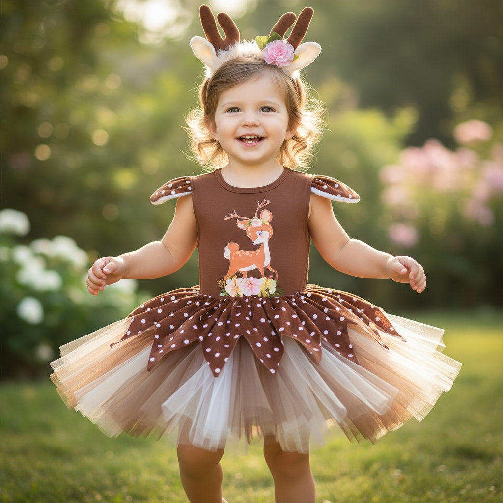 Christmas Reindeer Print Dress Girl's Fluffy Skirt Dress Up Party Photography Dress + Hairbond