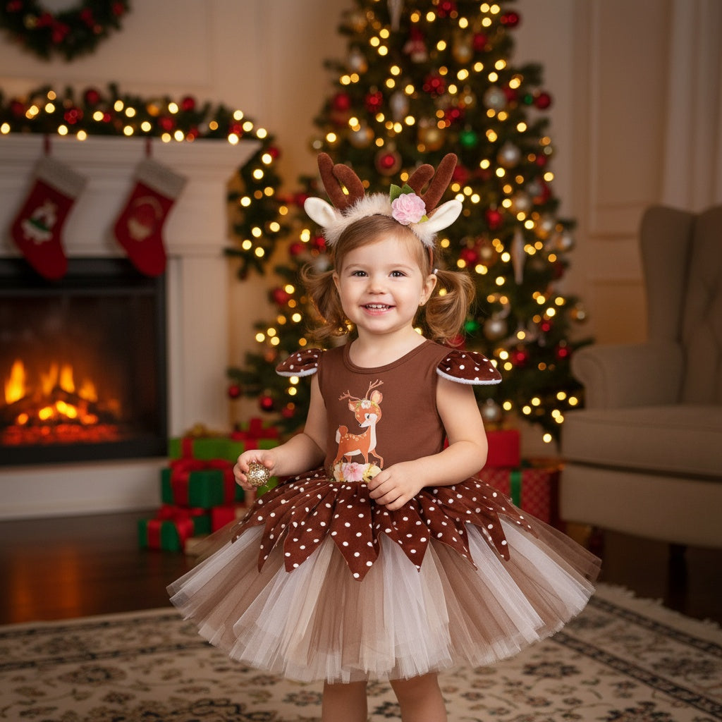 Christmas Reindeer Print Dress Girl's Fluffy Skirt Dress Up Party Photography Dress + Hairbond