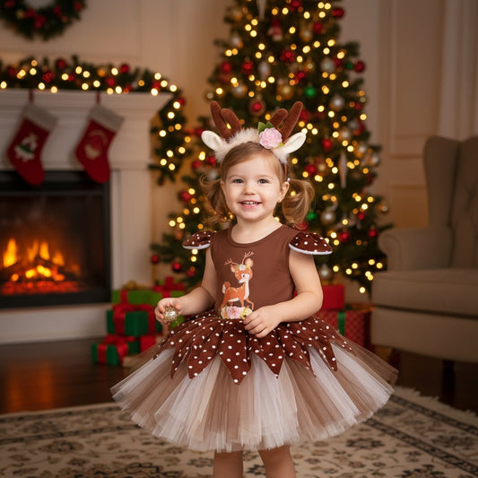 Christmas Reindeer Print Dress Girl's Fluffy Skirt Dress Up Party Photography Dress + Hairbond