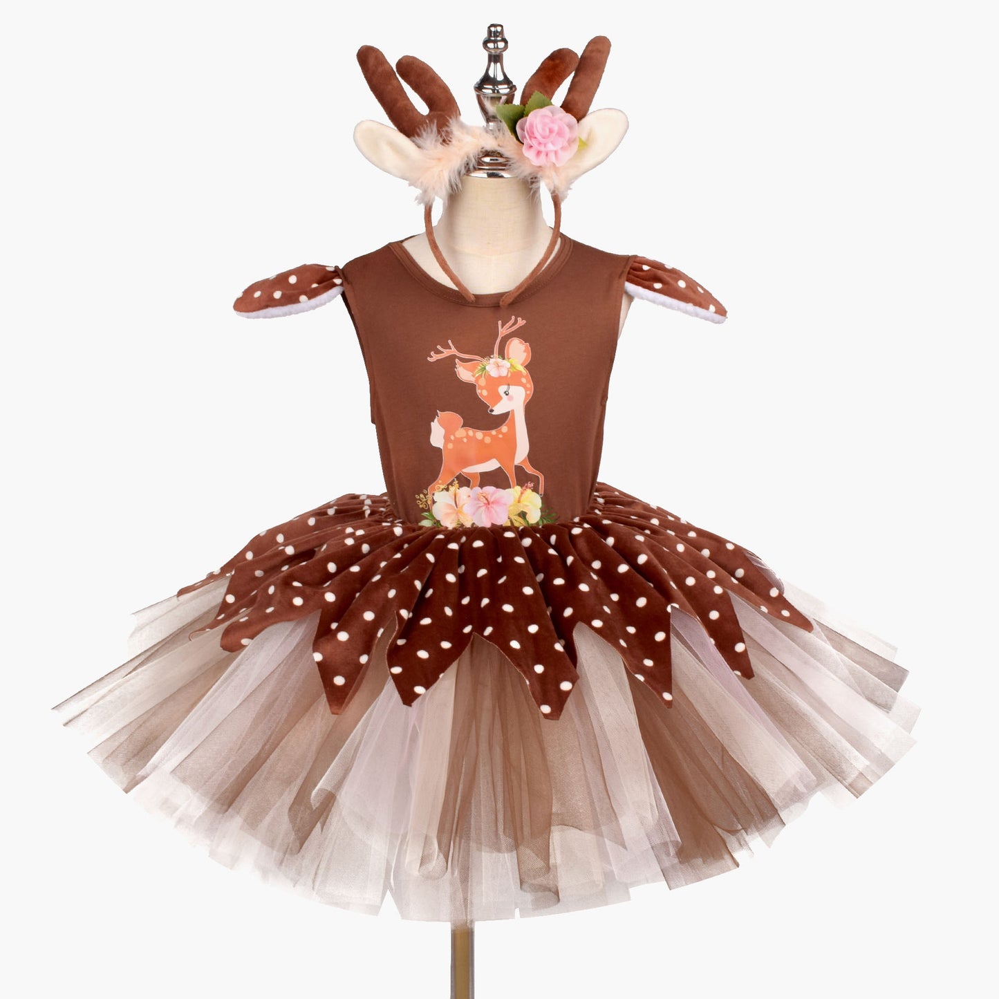 Christmas Reindeer Print Dress Girl's Fluffy Skirt Dress Up Party Photography Dress + Hairbond