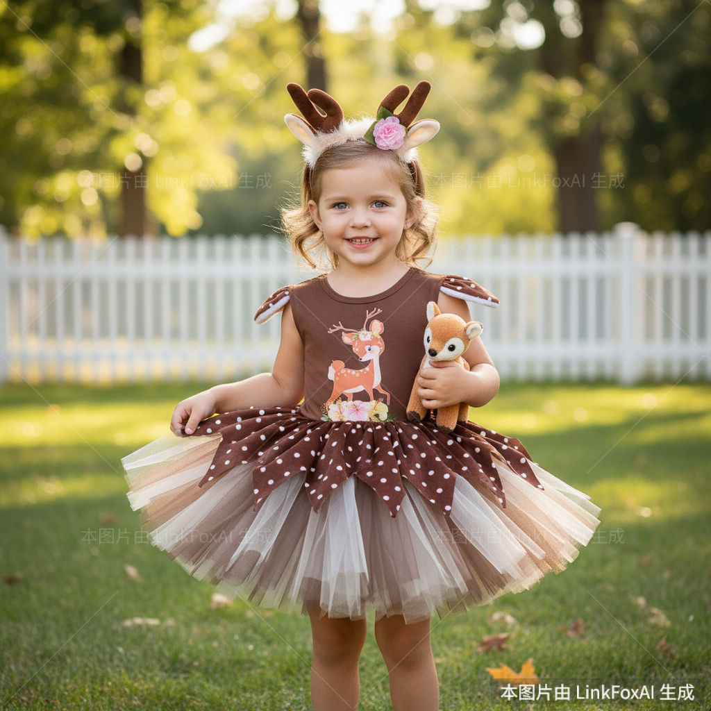 Christmas Reindeer Print Dress Girl's Fluffy Skirt Dress Up Party Photography Dress + Hairbond